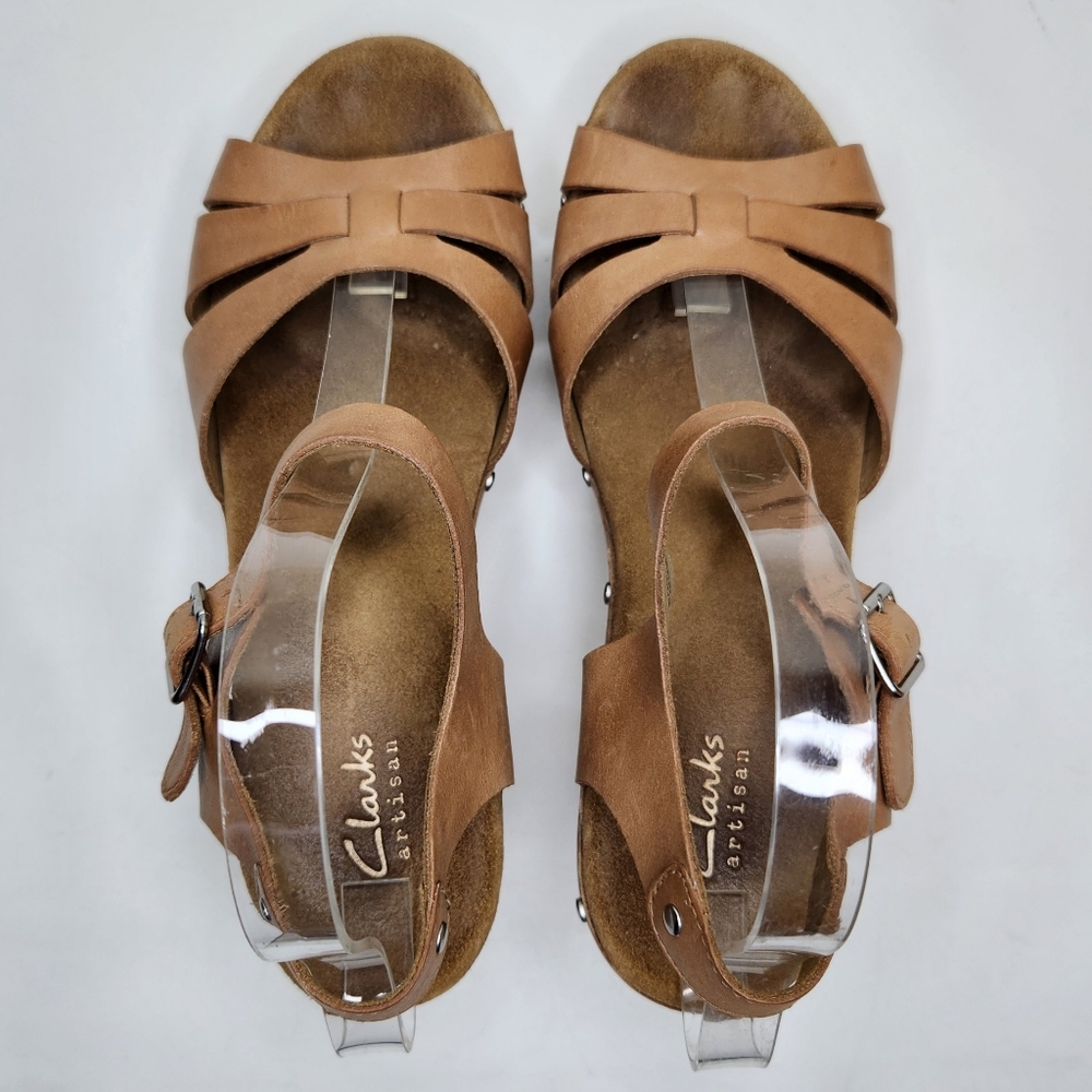 Clarks Artisan Ledella Trail Platform Sandals Women 8.5 Block Heel Leather Brown - Picture 3 of 9